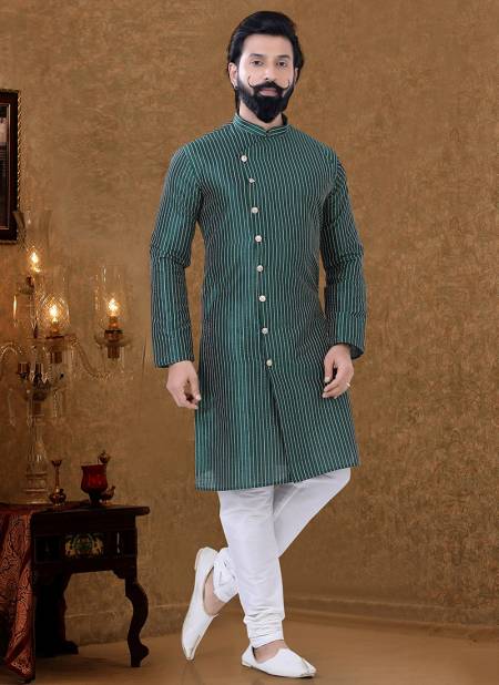 Dark Green Colour New Printed Ethnic Wear Cotton Mens Kurta Pajama Collection KS 1538